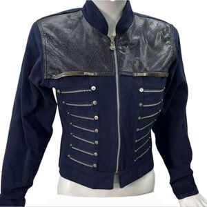 CACHE Blue Denim Faux Snakeskin Military Jacket Size Small Vintage